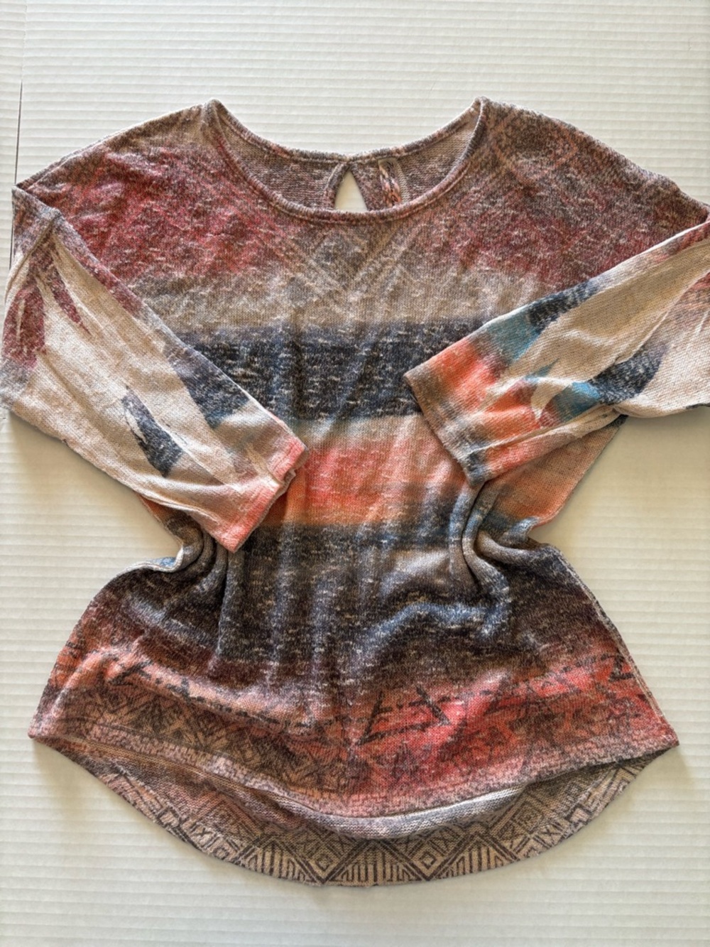 PerSeption Concept Striped Scoop Neck Knit Top in Coral, Blue & Taupe